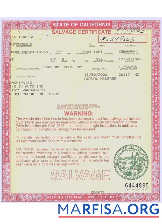 Blank USA California salvage certificate sample